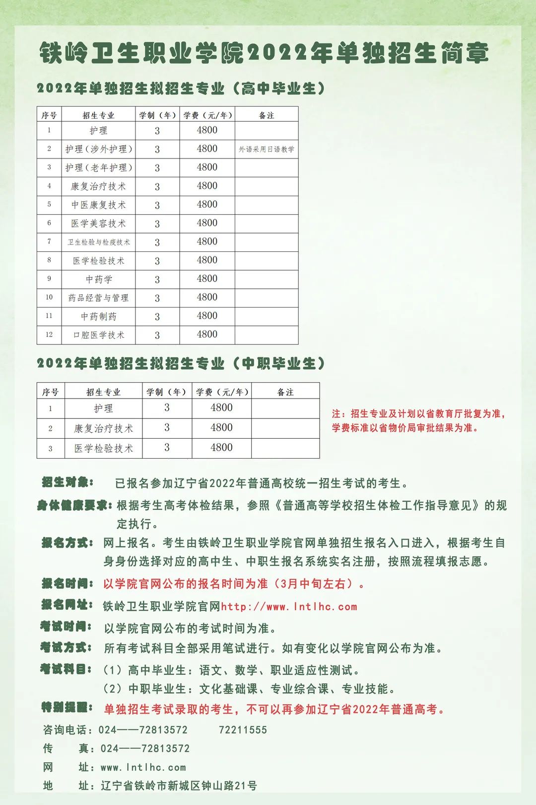 铁岭卫生职业学院2022年单招招生简章